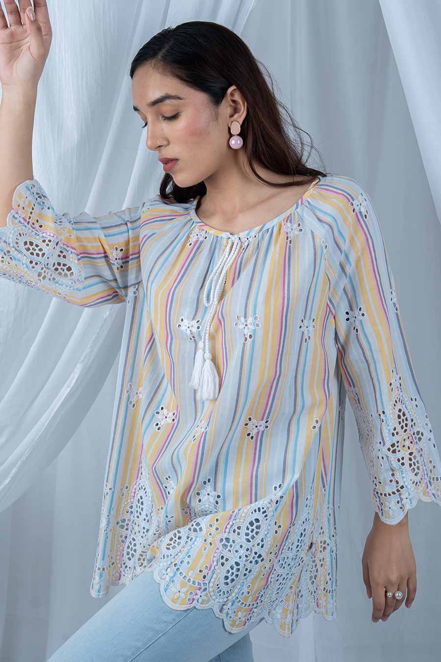 Multicolour Cotton Scalloped Embroidered Top