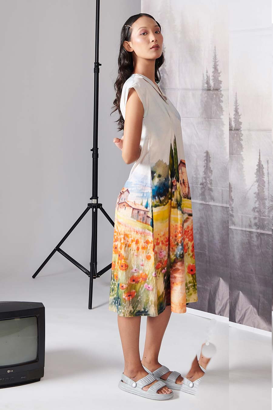 Multicolour Scenary Printed Midi Dress