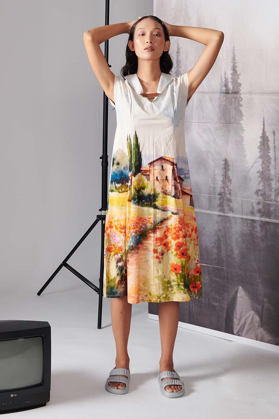 Multicolour Scenary Printed Midi Dress