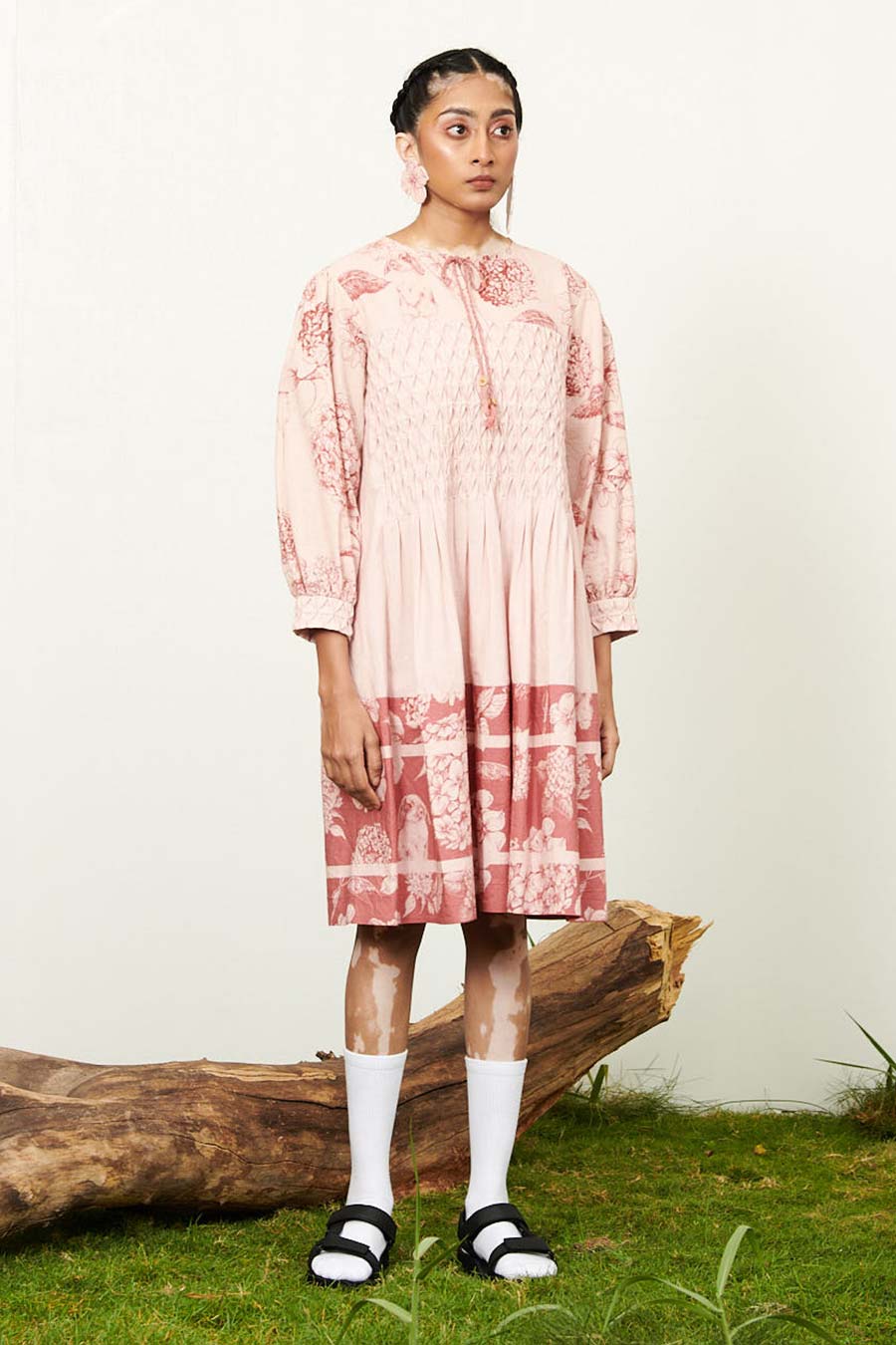 Peach Printed Smocking Dress