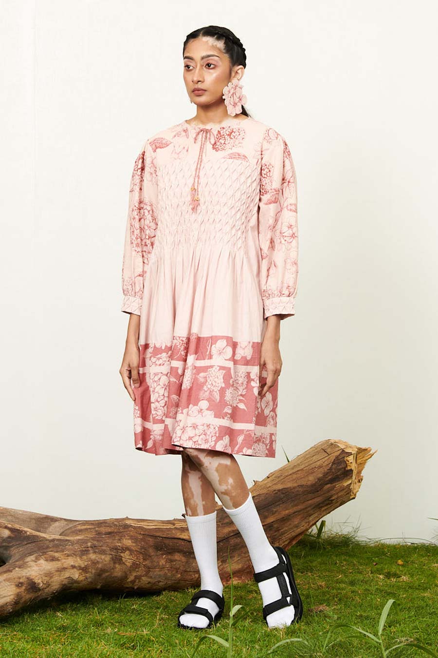 Peach Printed Smocking Dress