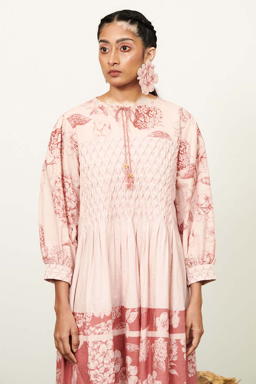 Peach Printed Smocking Dress