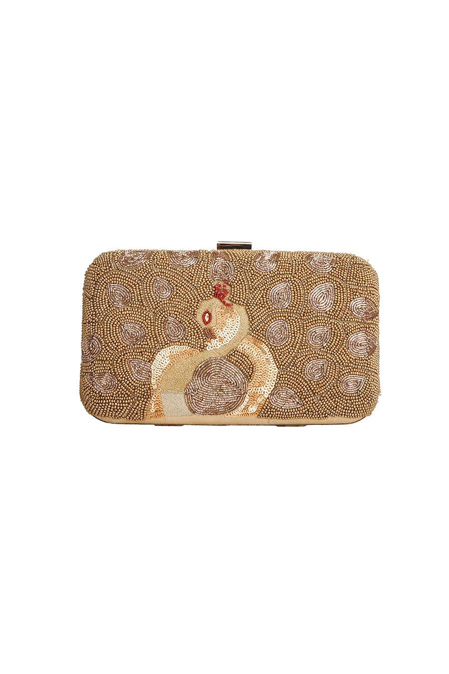 Gold Peacock Embroidered Box Clutch