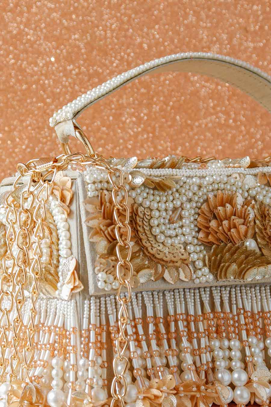 White & Gold Alexxa Hand-Embroidered Clutch