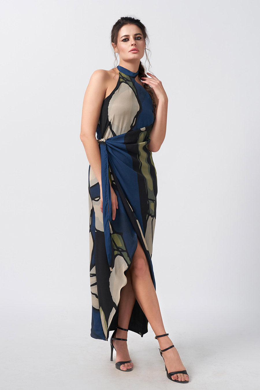 Blue Printed Wrap Long Dress