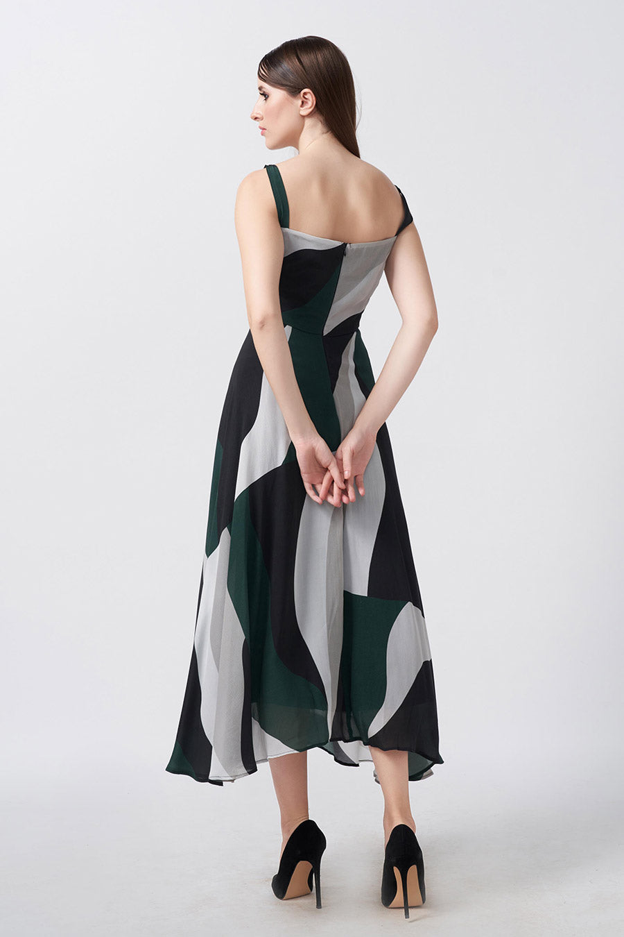 Dark Green Abstract Printed Midi Dress