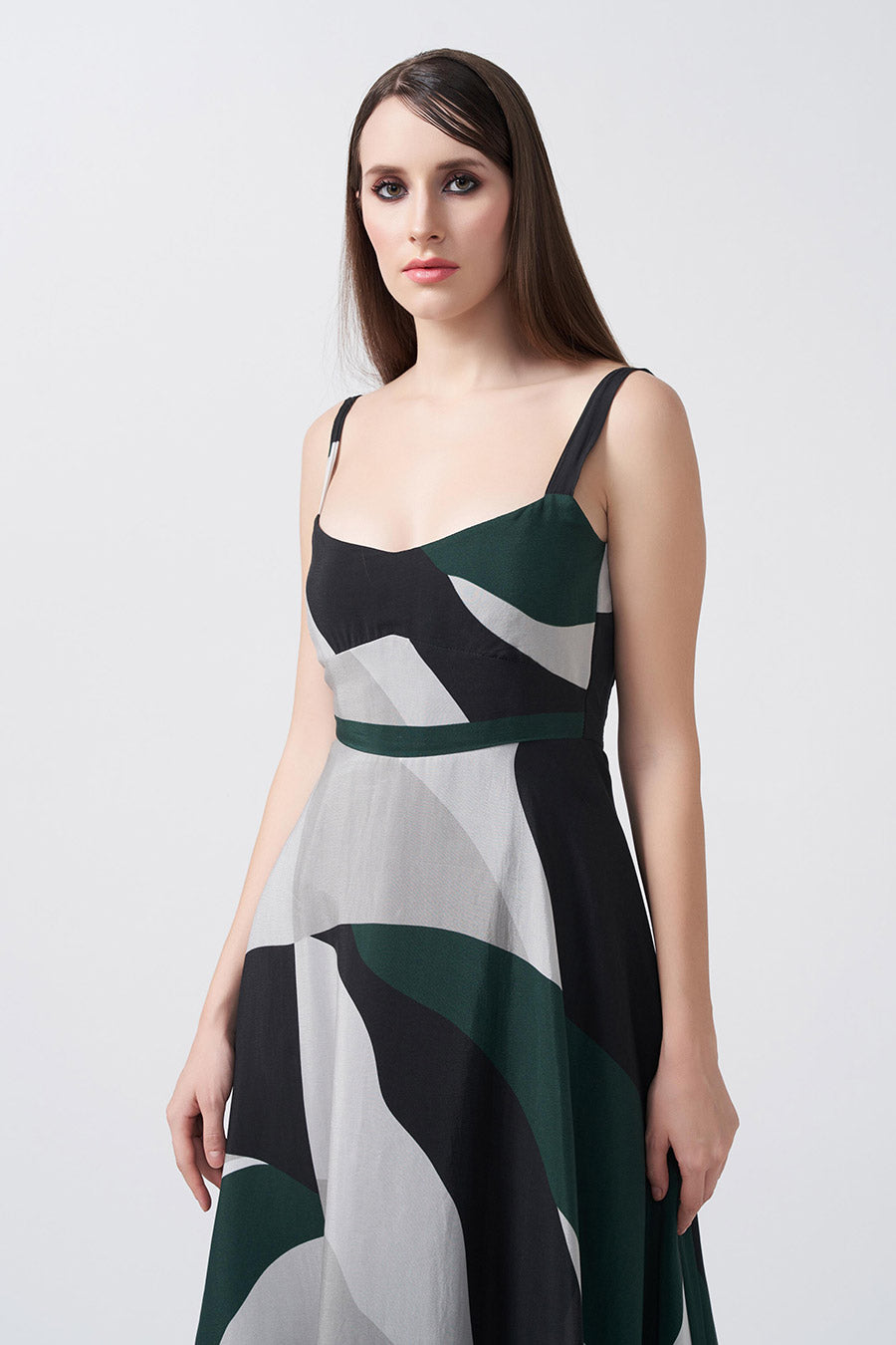 Dark Green Abstract Printed Midi Dress