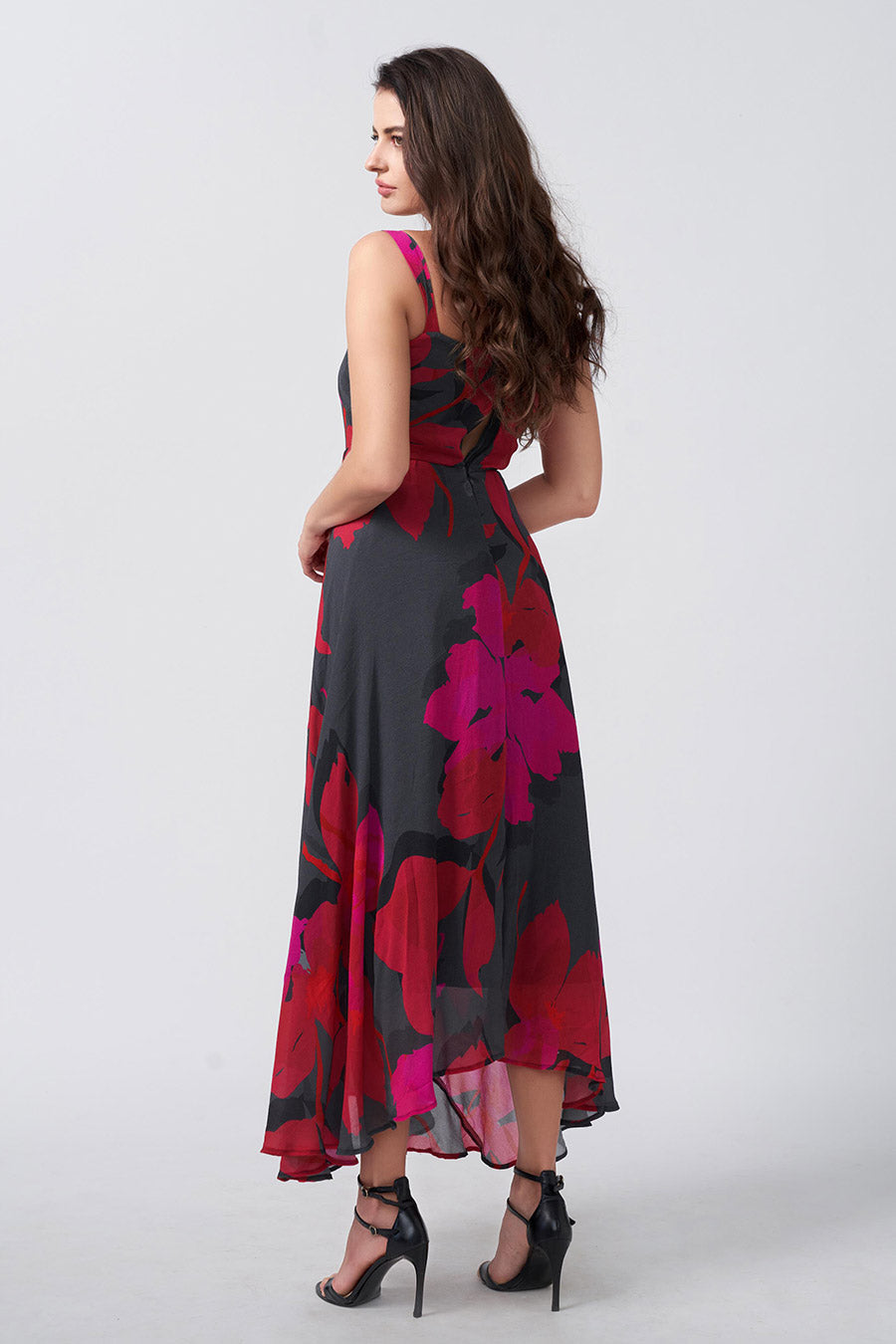 Pink & Black Floral Printed Midi Dress