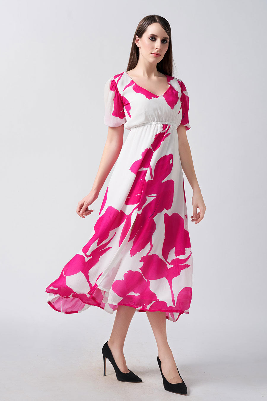 Pink & White Floral Printed Midi Dress