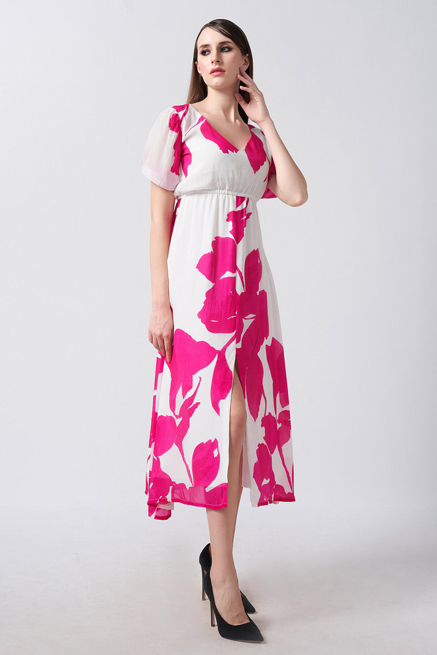 Pink & White Floral Printed Midi Dress