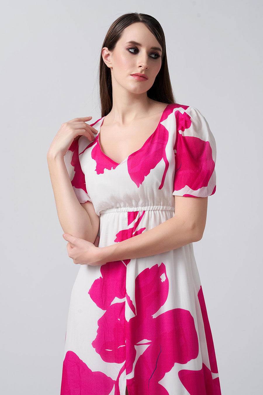 Pink & White Floral Printed Midi Dress