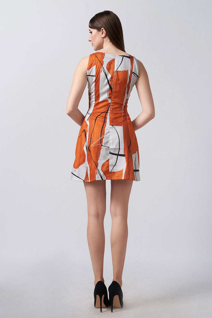 Orange Abstract Printed Short Dress