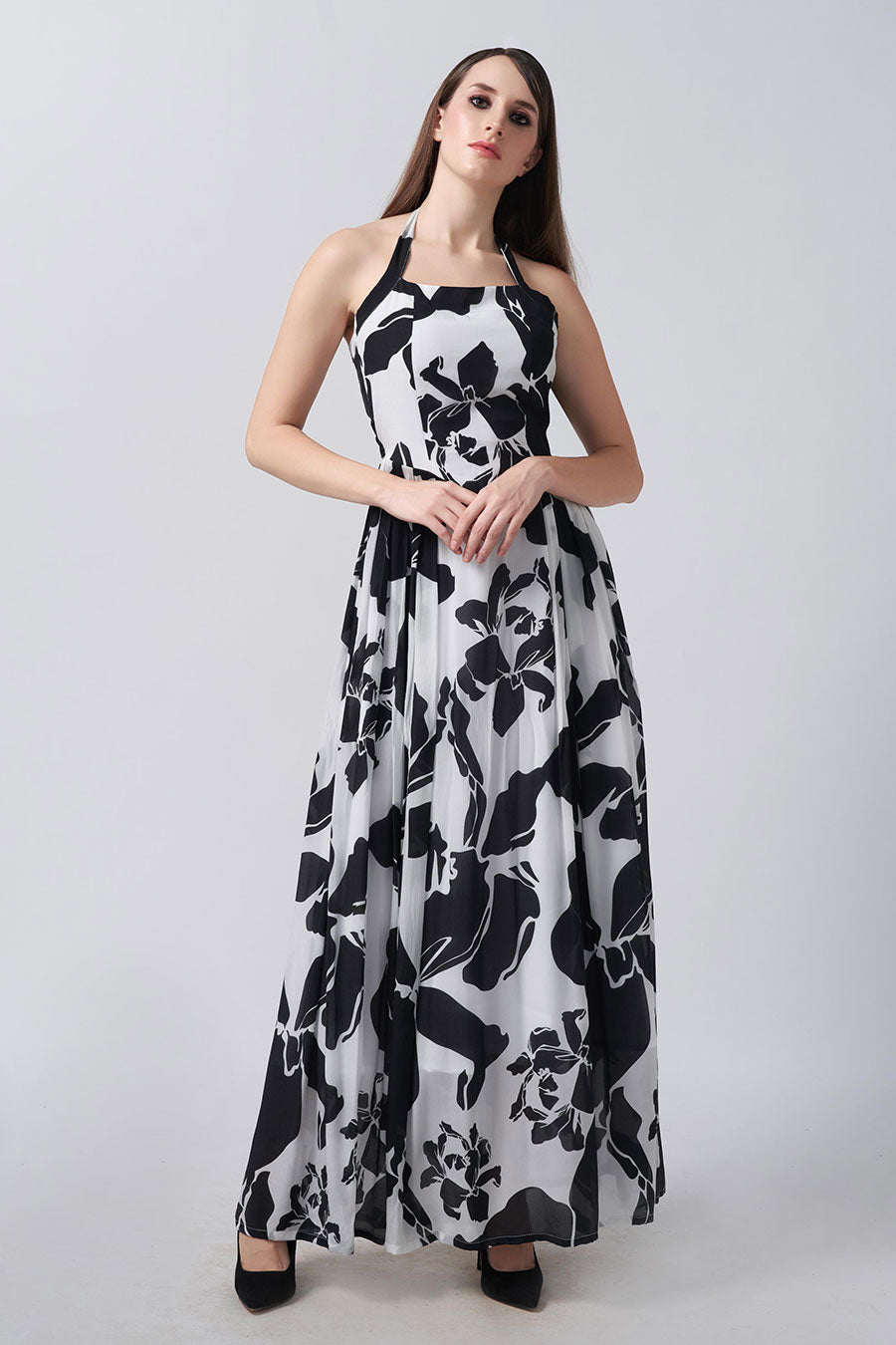 Black & White Floral Printed Long Dress