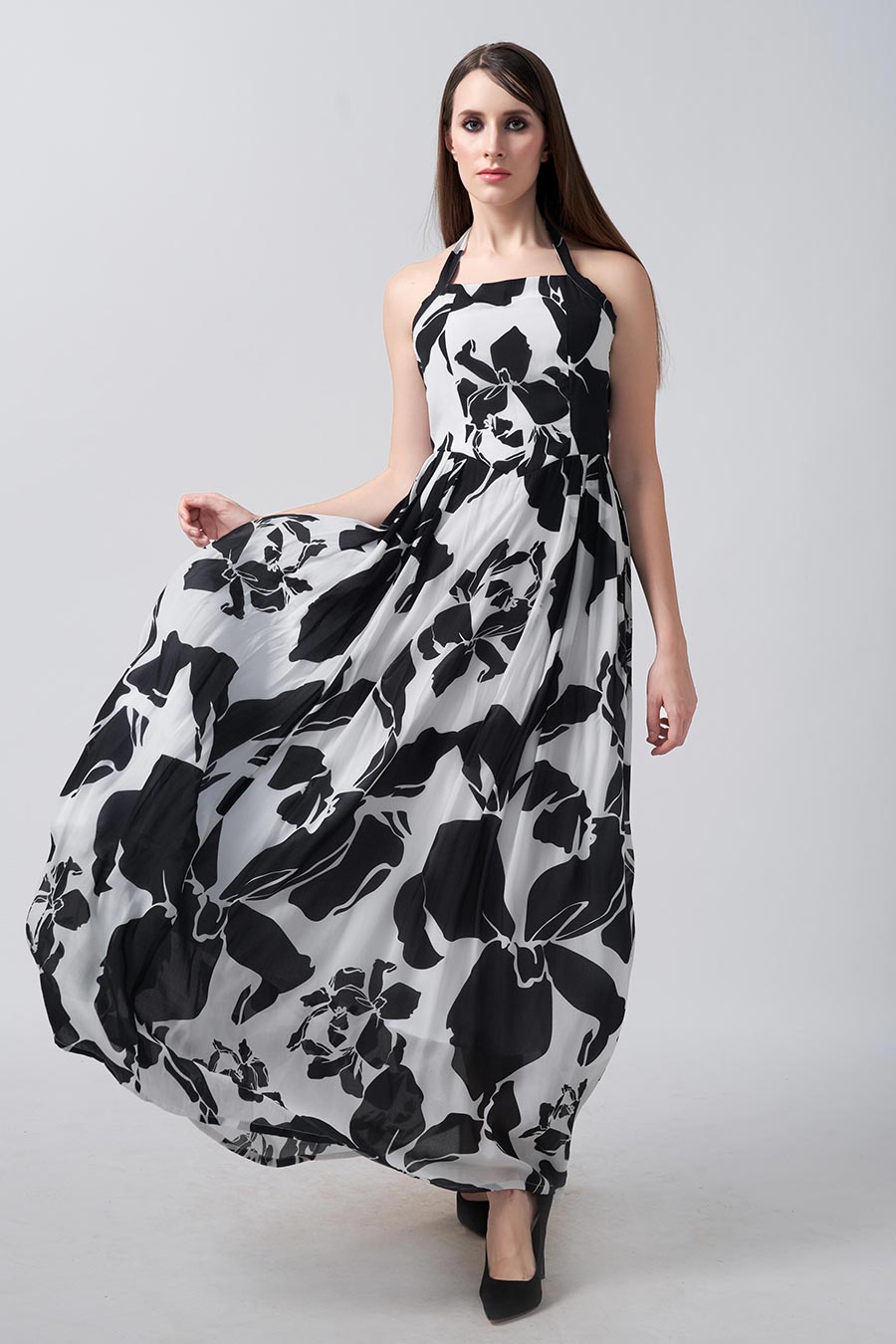 Black & White Floral Printed Long Dress