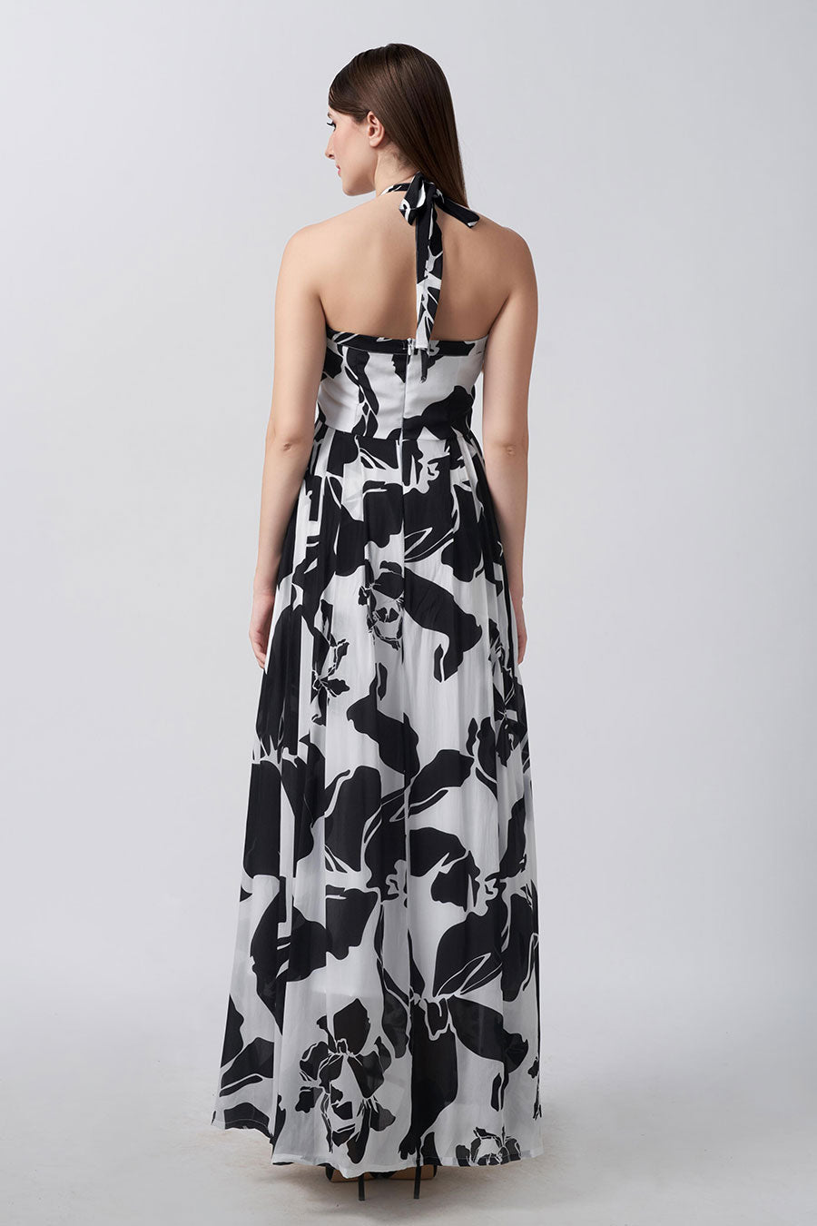 Black & White Floral Printed Long Dress