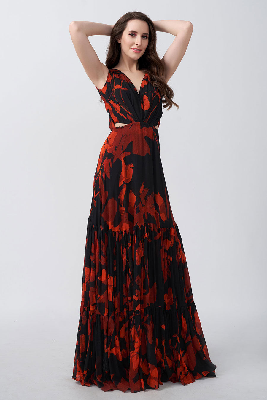 Red & Black Printed Tiered Long Dress