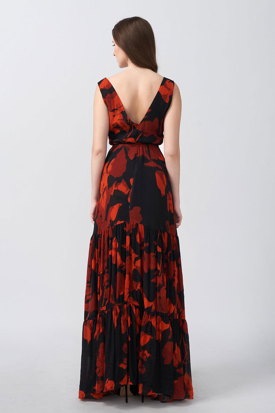 Red & Black Printed Tiered Long Dress