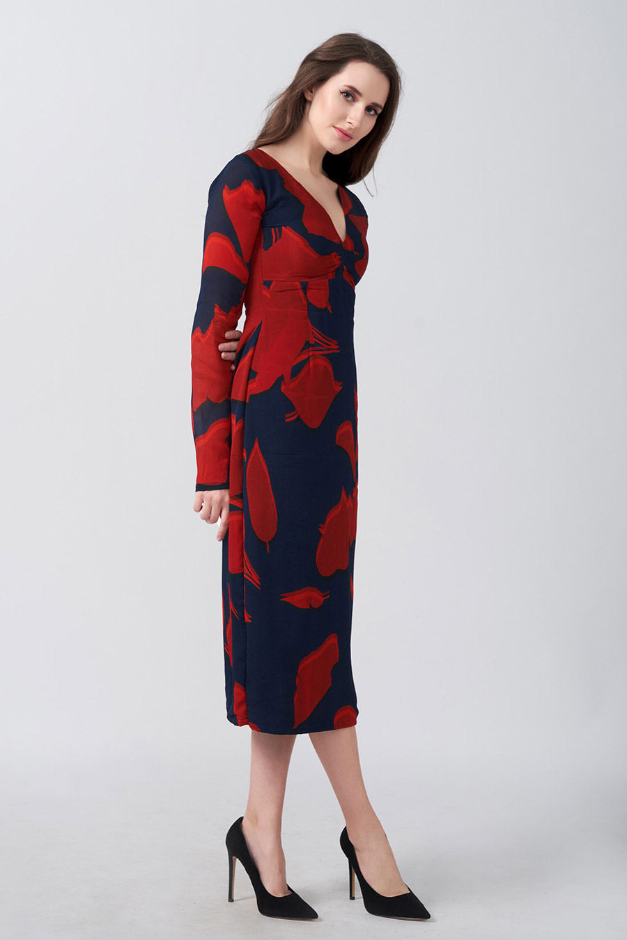 Red & Blue Printed Midi Dress