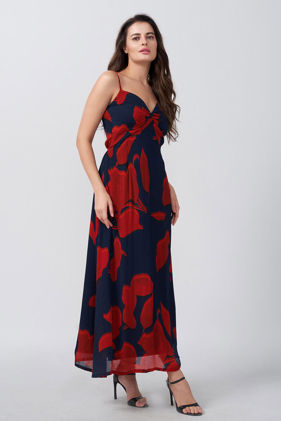 Red & Blue Printed Ruched Long Dress