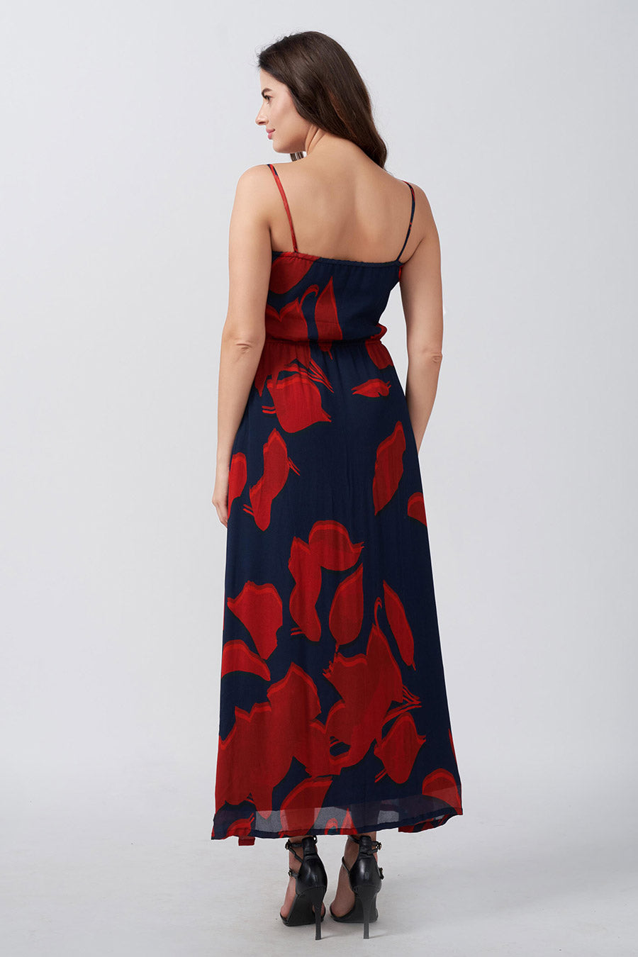 Red & Blue Printed Ruched Long Dress