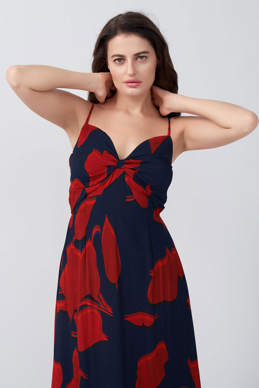 Red & Blue Printed Ruched Long Dress