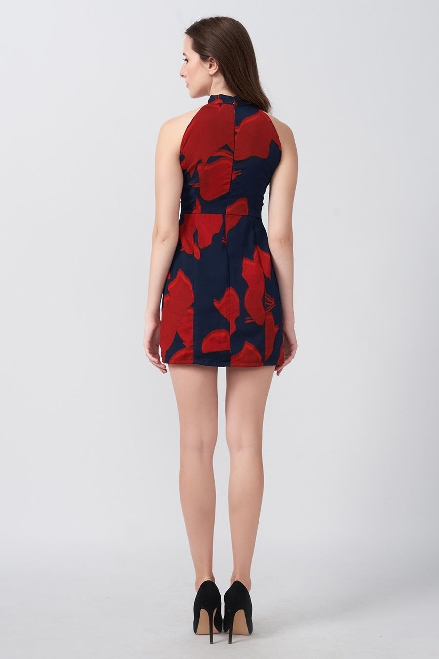 Red & Blue Printed Halter Short Dress