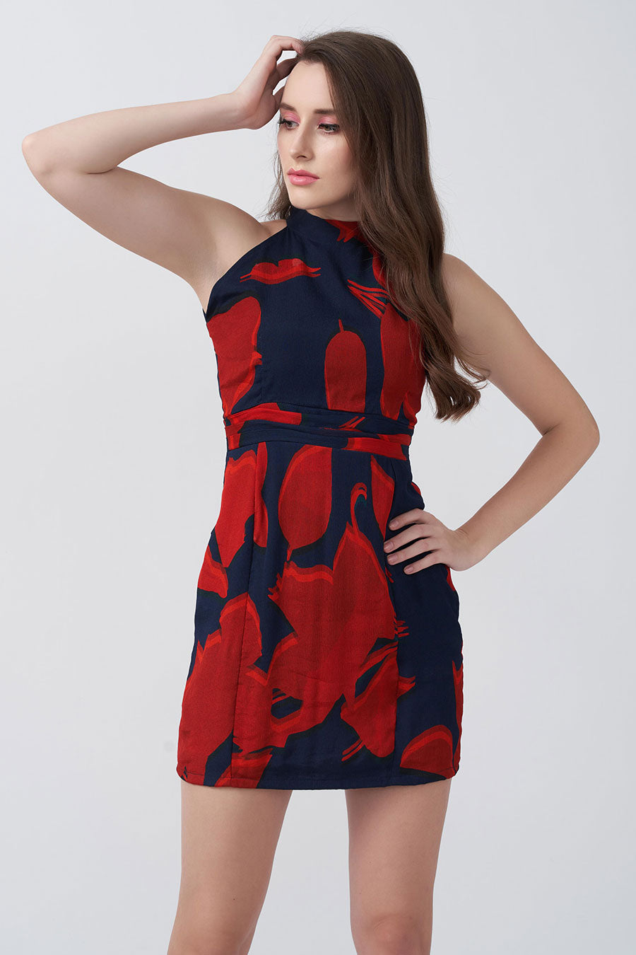 Red & Blue Printed Halter Short Dress