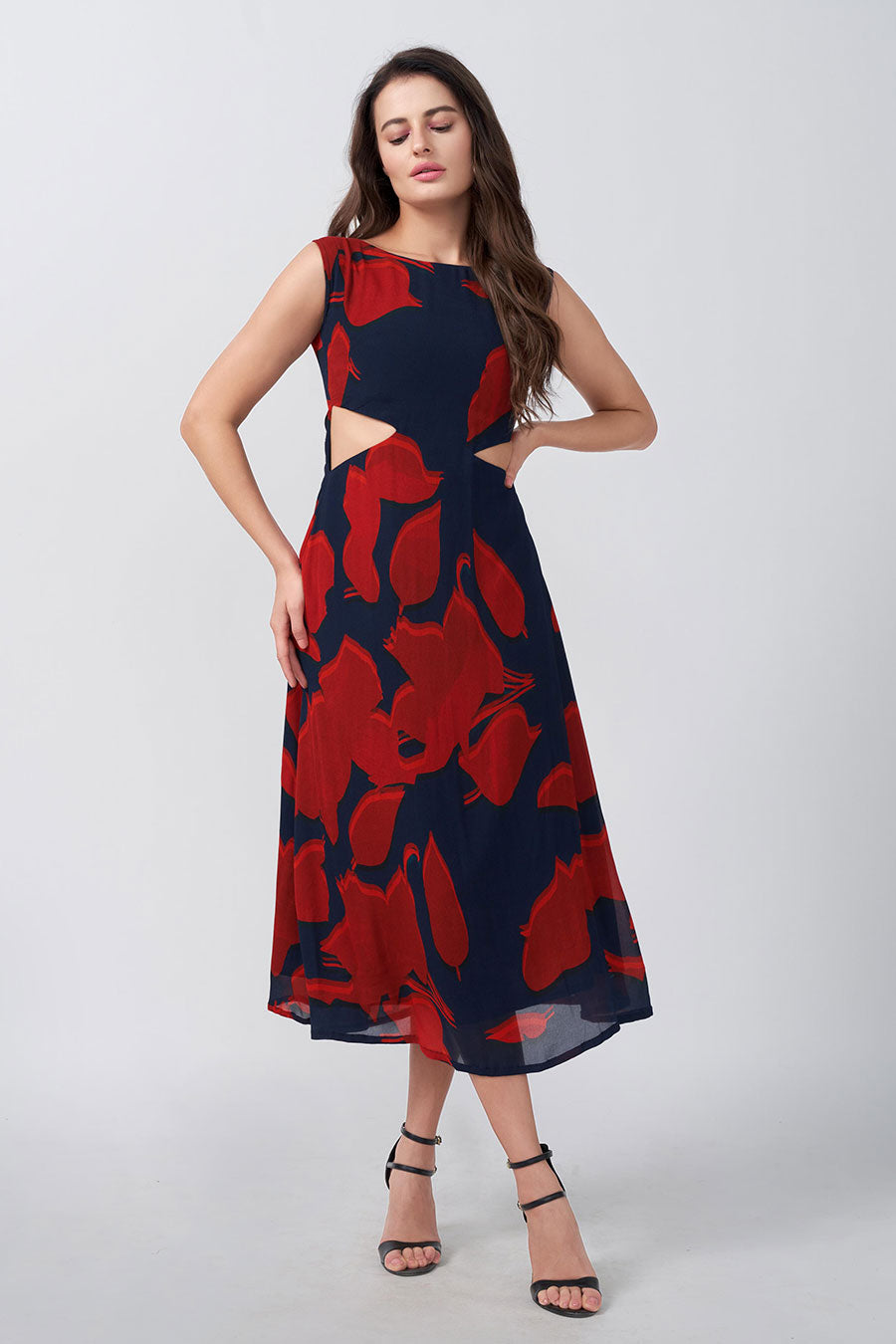 Red & Blue Printed Cut-Out Midi Dress