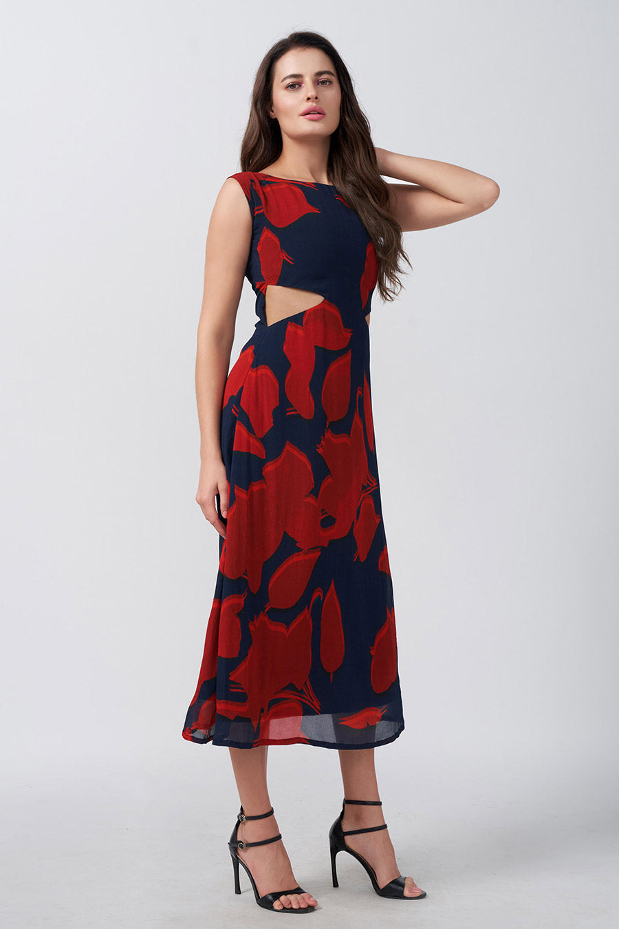 Red & Blue Printed Cut-Out Midi Dress