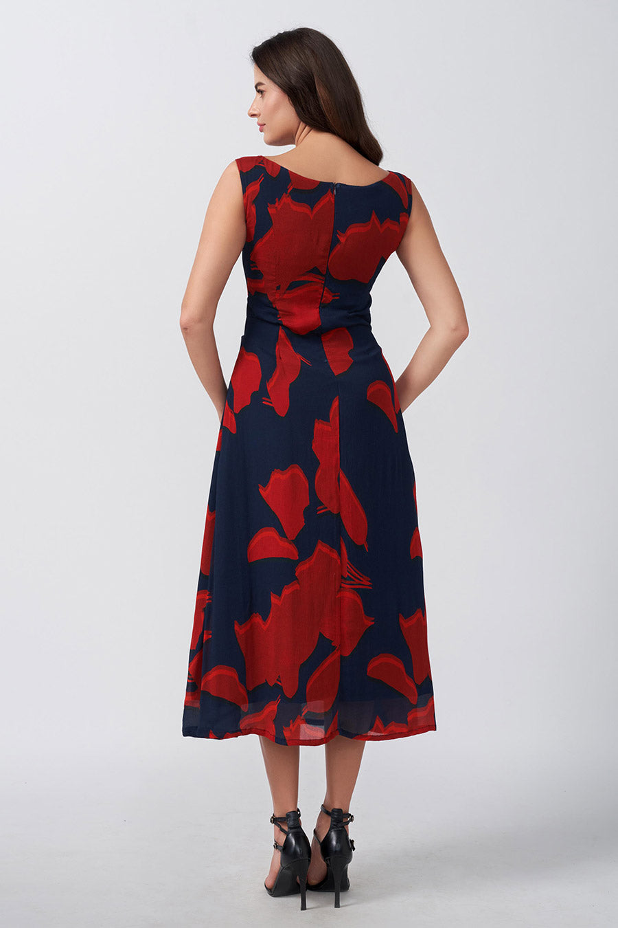 Red & Blue Printed Cut-Out Midi Dress