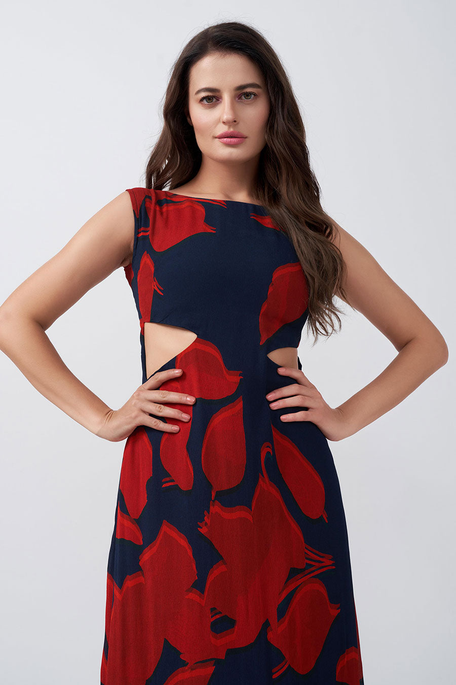 Red & Blue Printed Cut-Out Midi Dress