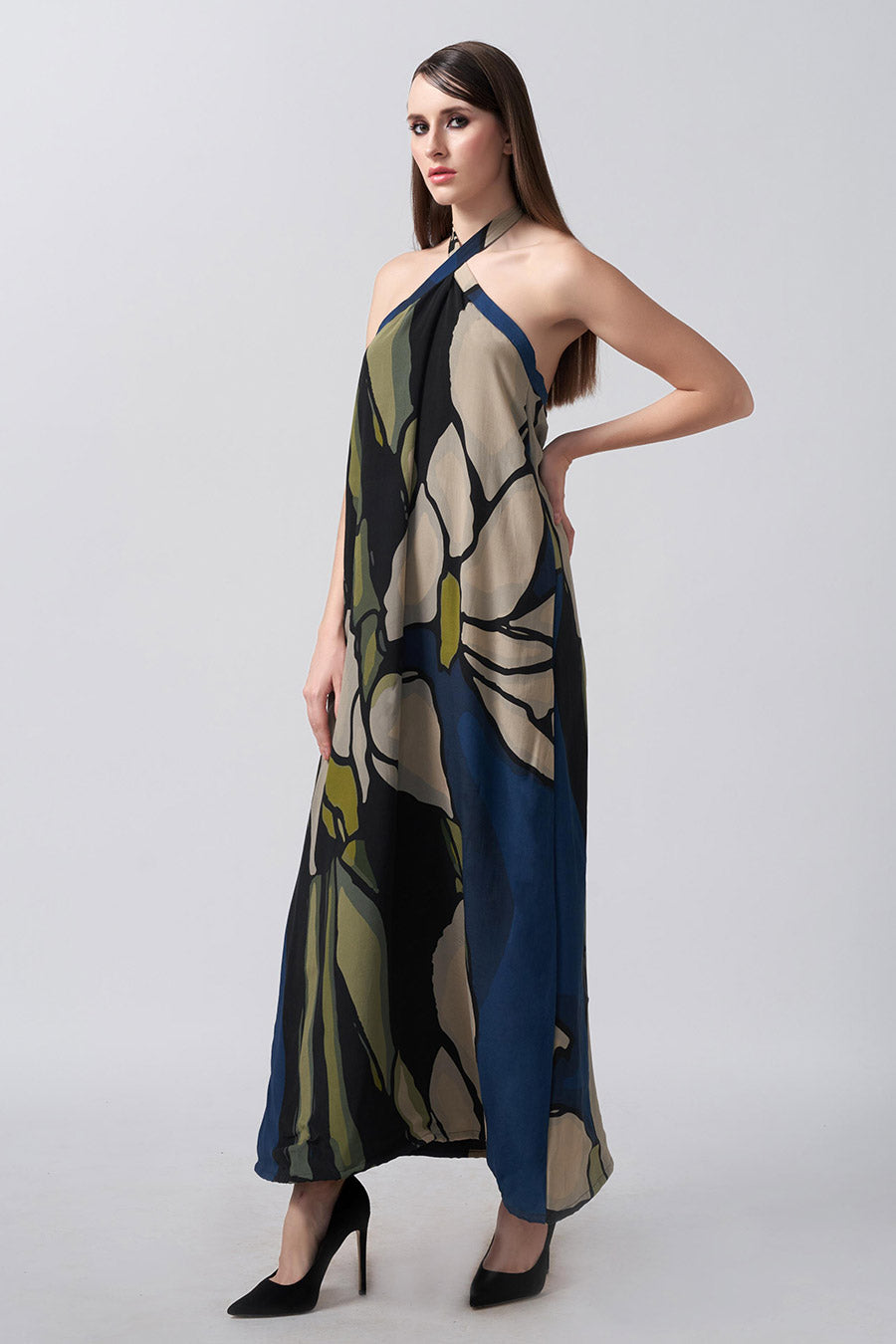 Blue Abstract Printed Long Dress