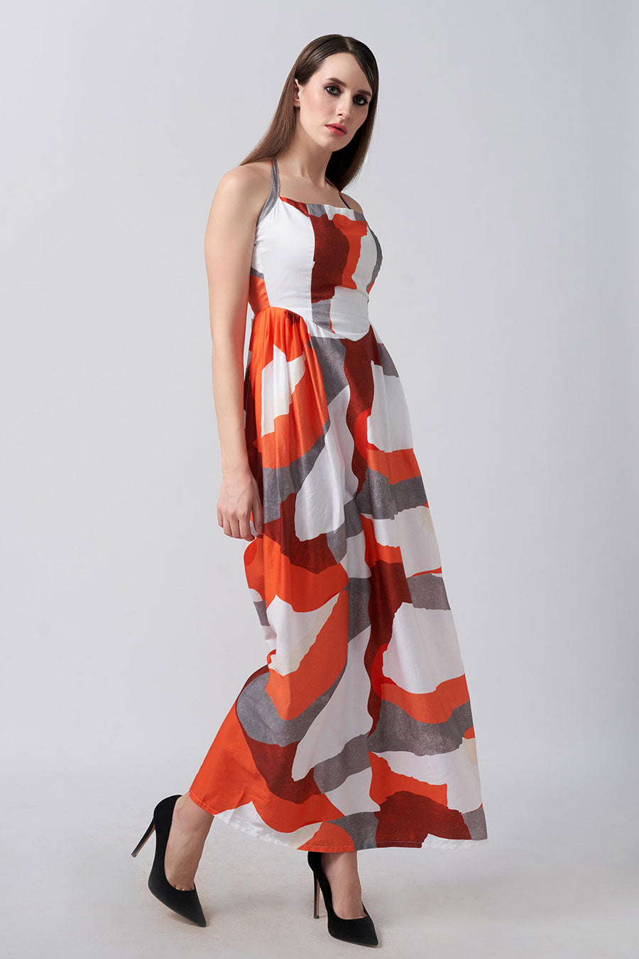 Orange Abstract Printed Long Dress