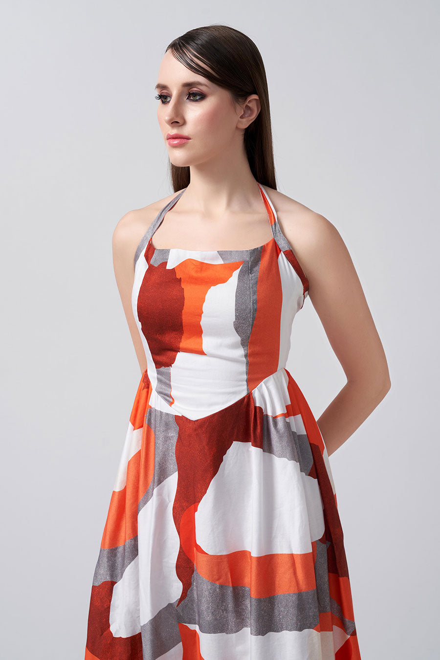 Orange Abstract Printed Long Dress