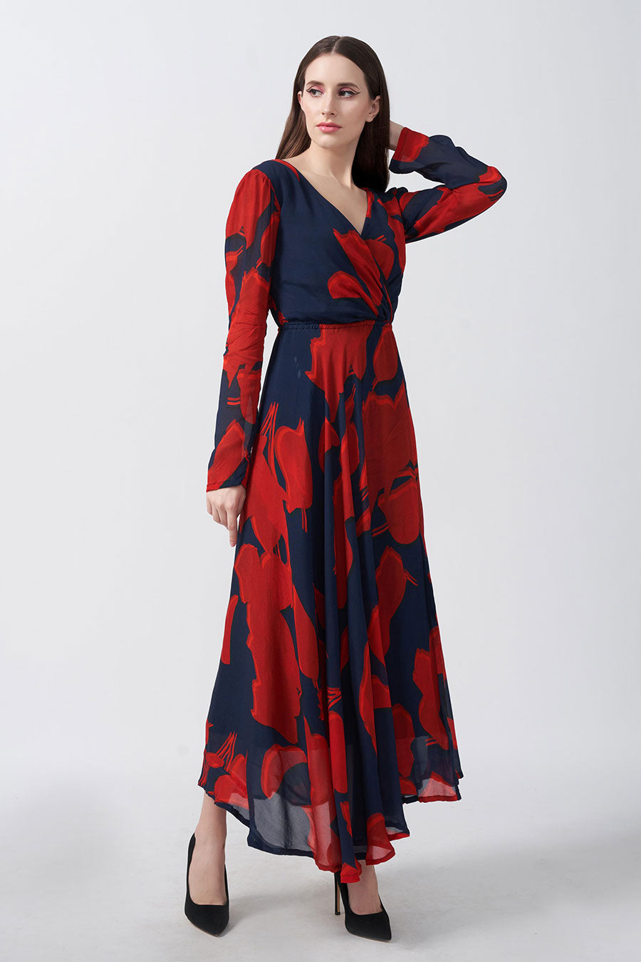 Red & Blue Printed Overlap Long Dress