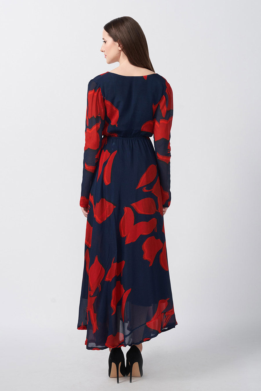 Red & Blue Printed Overlap Long Dress