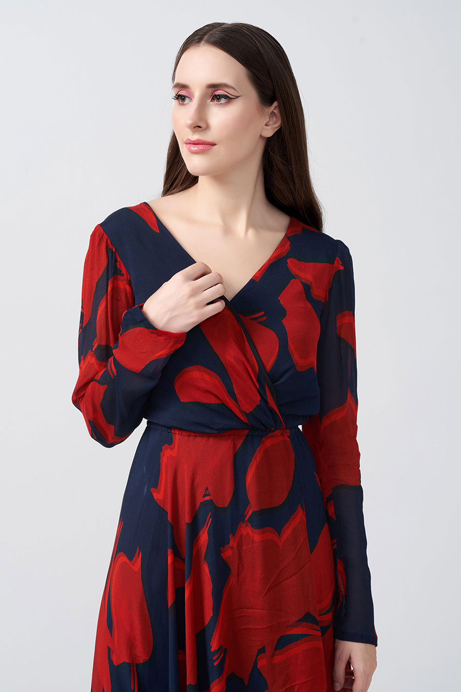 Red & Blue Printed Overlap Long Dress