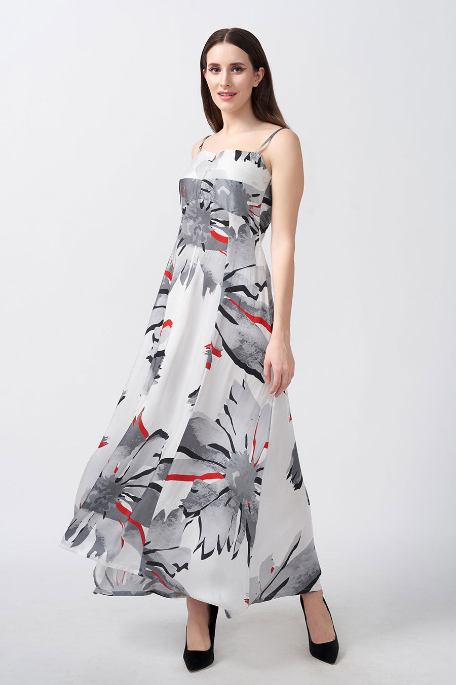 White Floral Printed Strap Long Dress