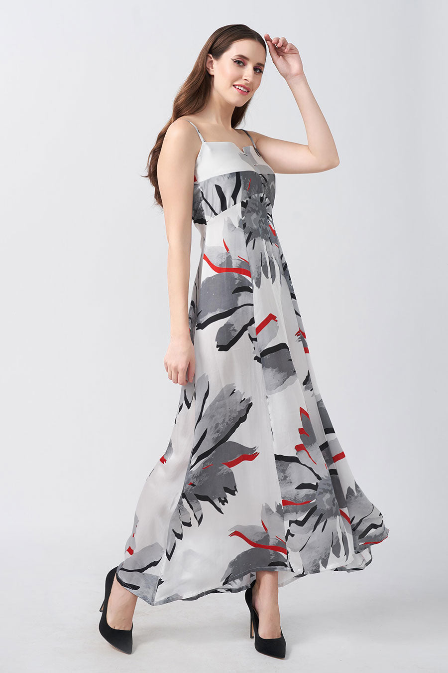 White Floral Printed Strap Long Dress