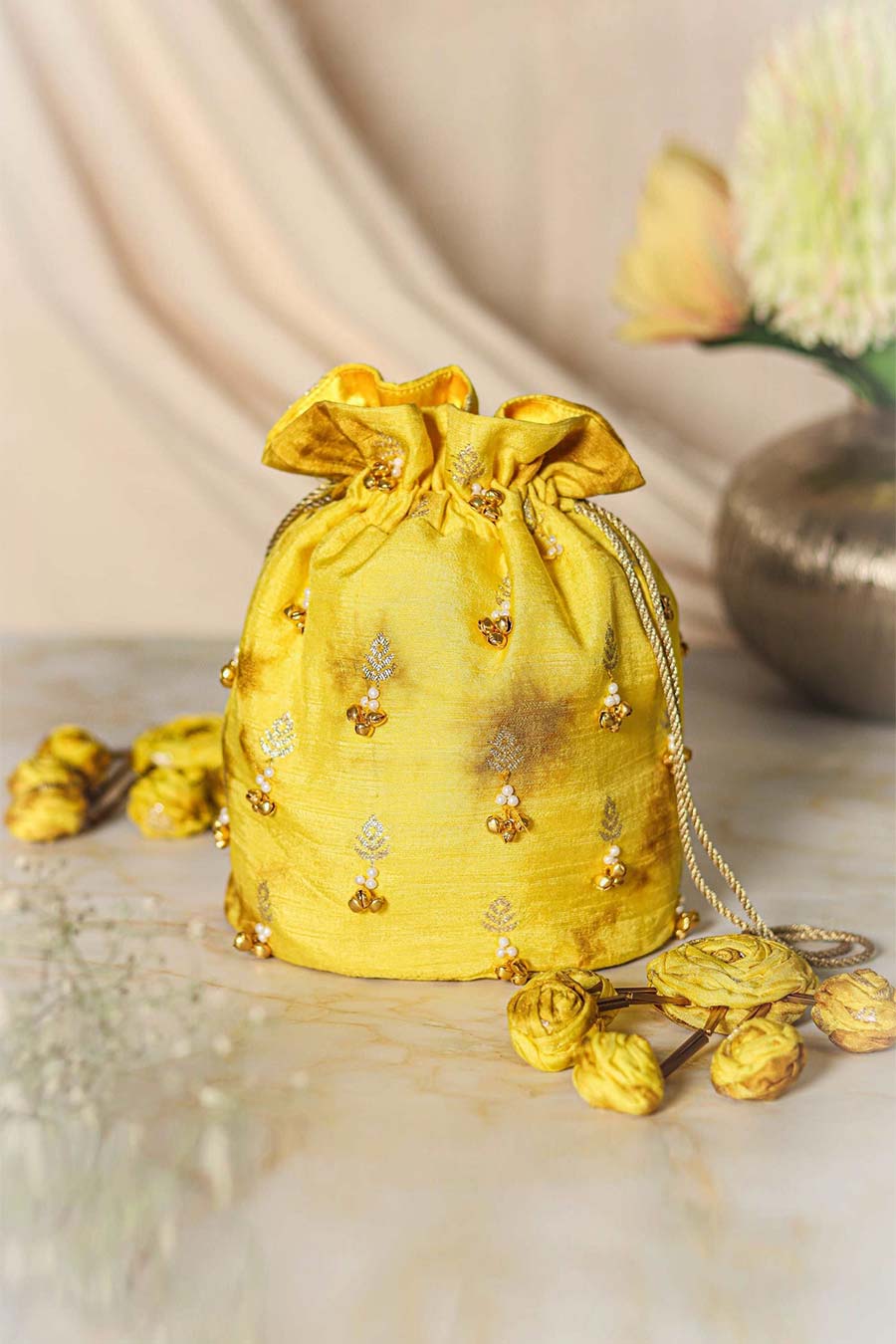 Yellow Sand Shibori Embellished Potli