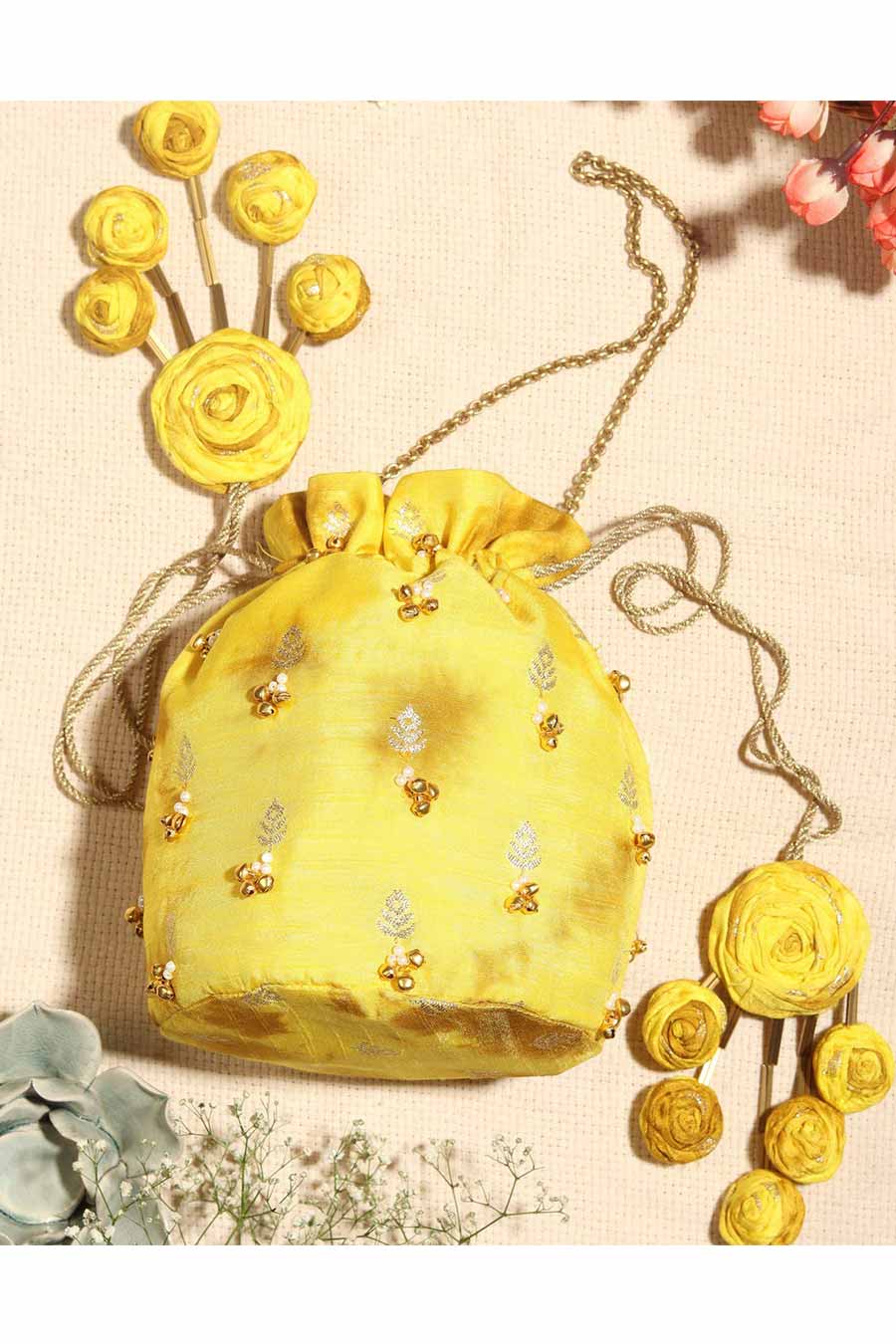 Yellow Sand Shibori Embellished Potli