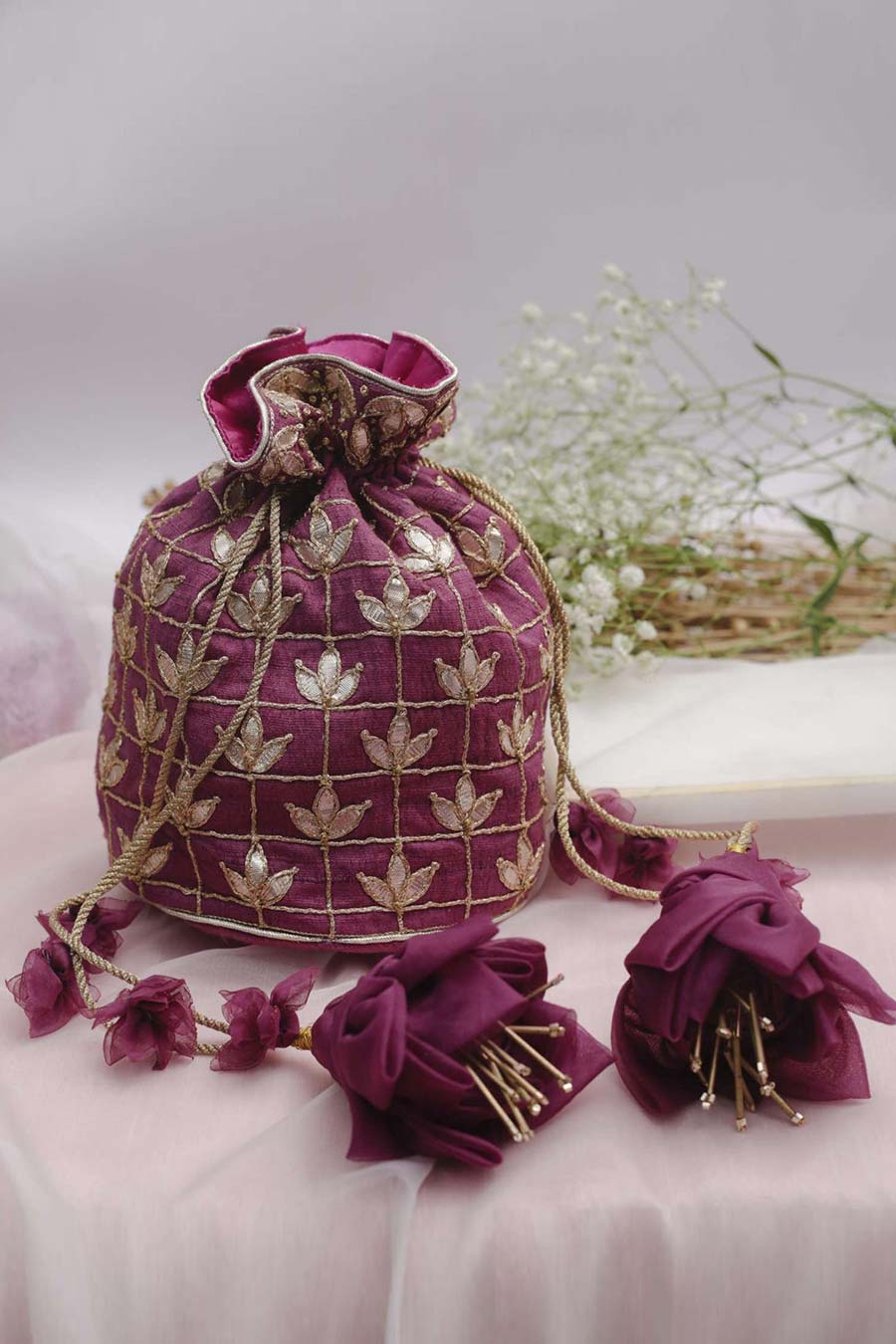 Purple Floral Embroidered Potli