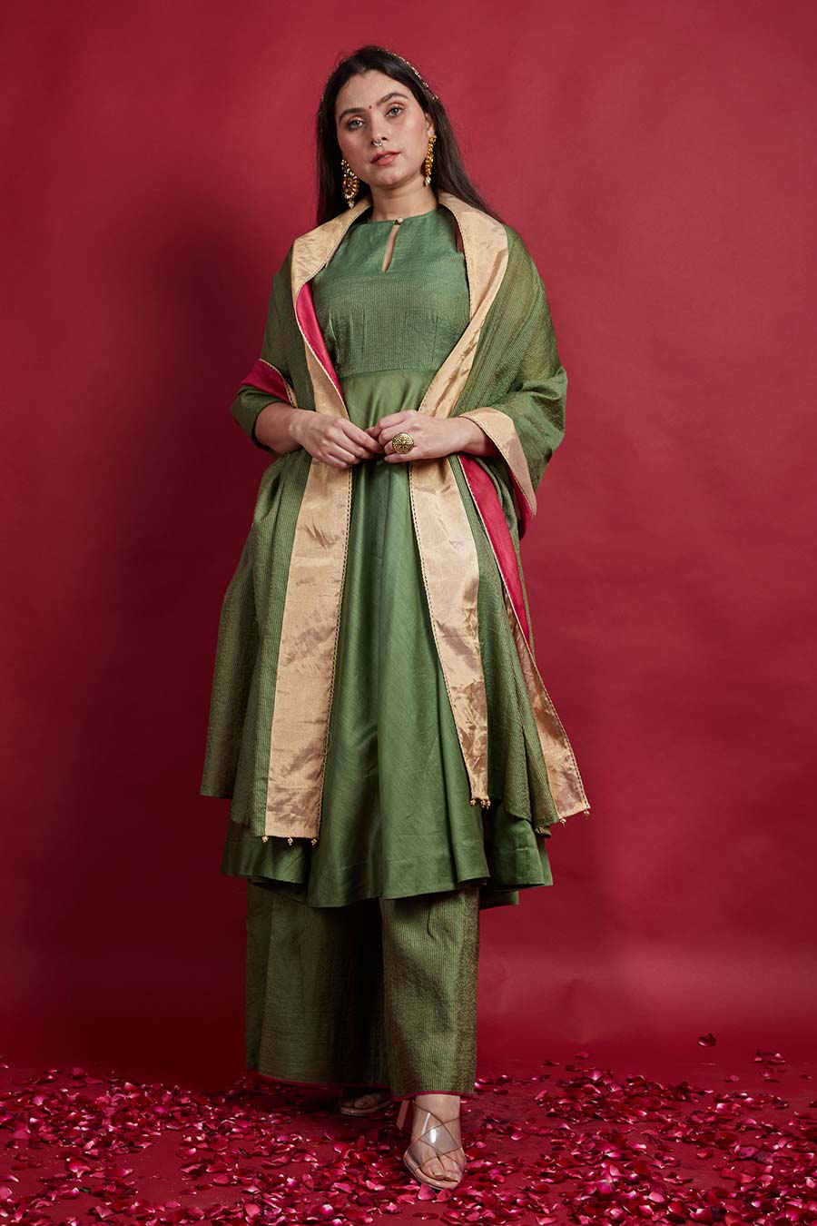 Olive Green Halterneck Anarkali & Palazzo Set