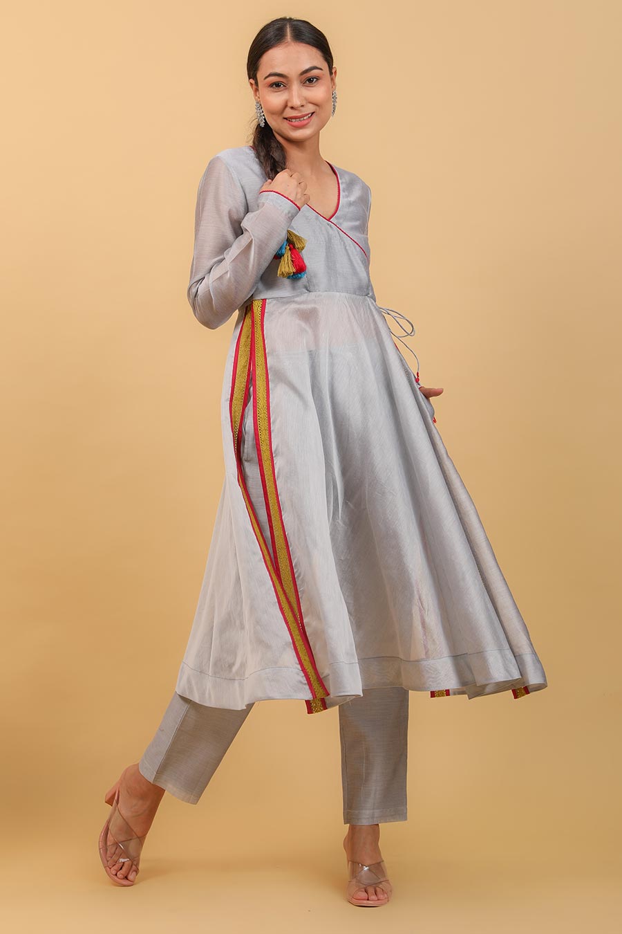 Grey & Pink Anarkali & Pant Set