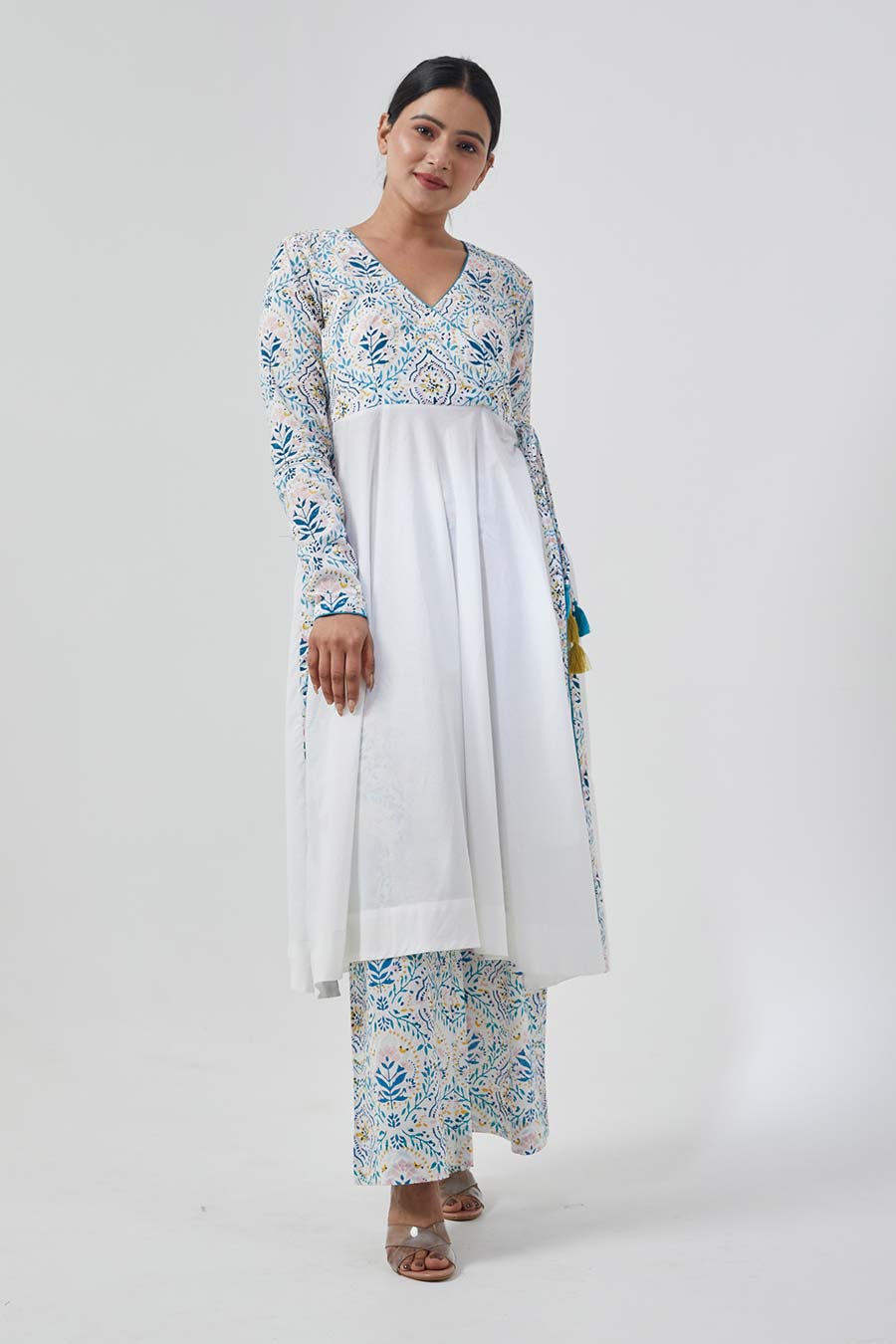 White & Aqua Blue Anarkali Set