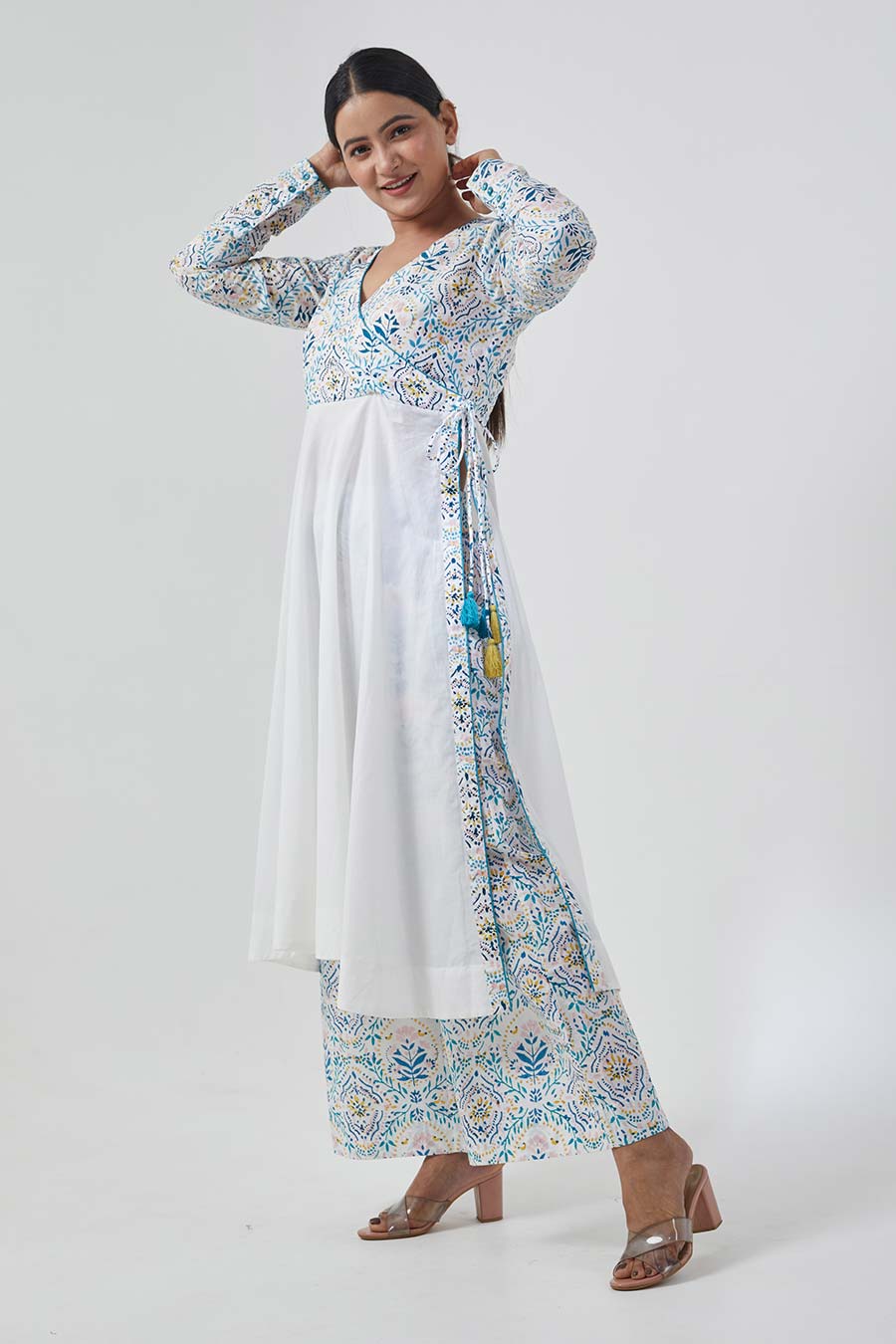 White & Aqua Blue Anarkali Set