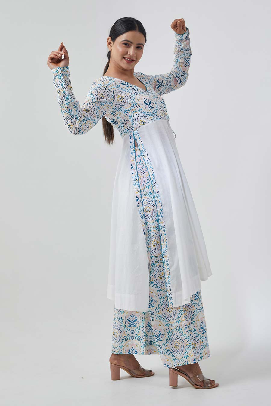 White & Aqua Blue Anarkali Set