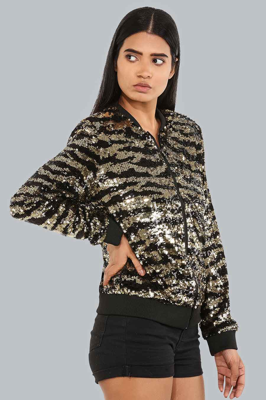 Shop Gold Tiger Print Bomber Jacket by ATTIC SALT at House of Designers 5XL