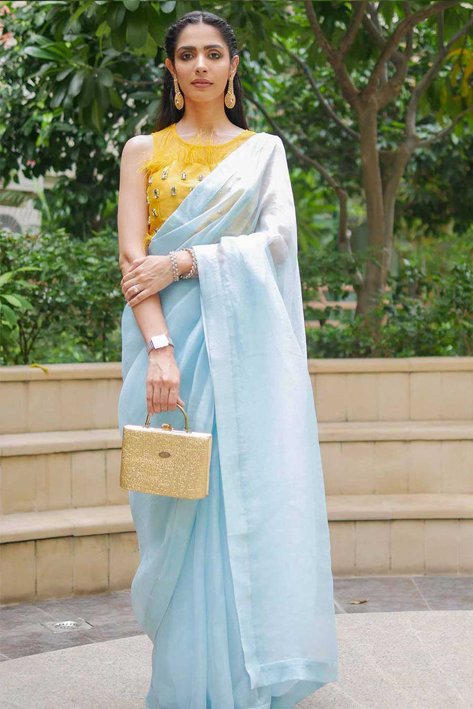 Buy Floral Chikankari Worked Light Blue pure organza saree - dress kurti  and saree wholesale available