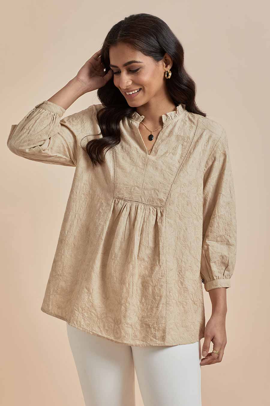 Beige Cotton Embroidered Top